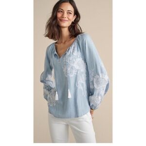 Soft Surroundings Blue Chambray Embroidered Boho Tassel Blouse Top Womens Large